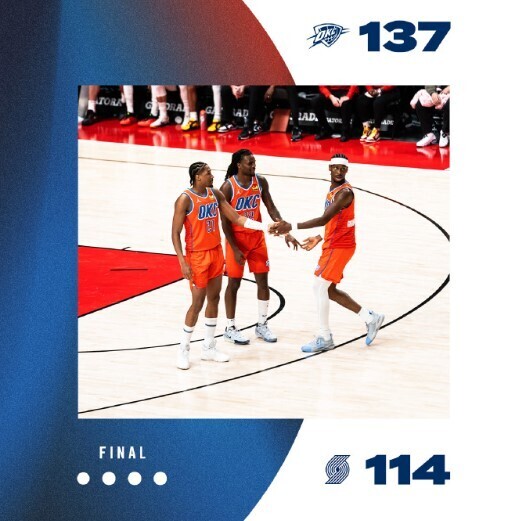 NBA今日战报：雷霆137-114开拓者