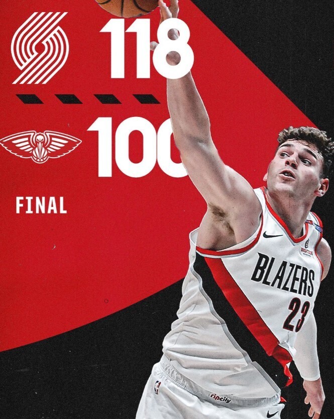 NBA今日战报：开拓者118-100鹈鹕