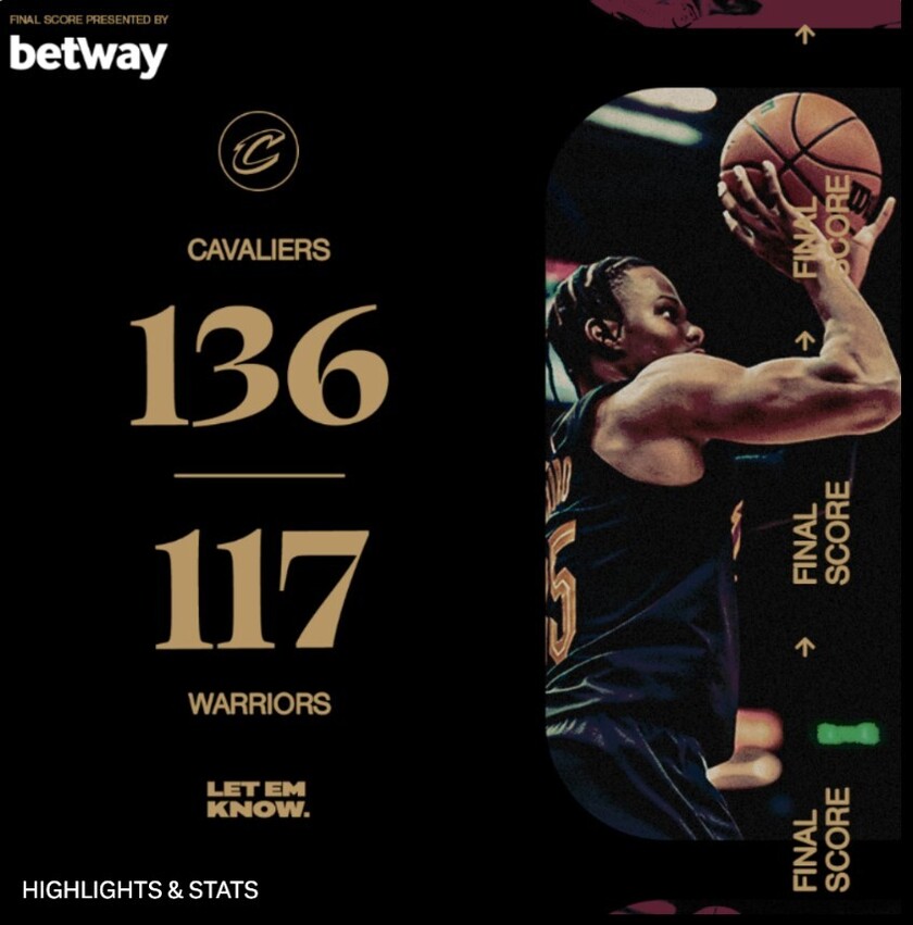 NBA今日战报：骑士136-117勇士