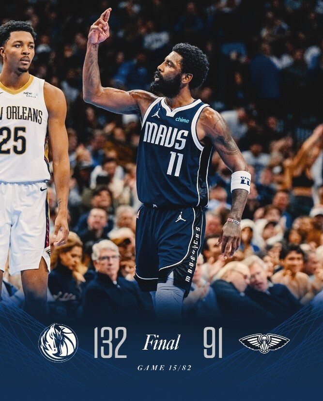 NBA赛程：独行侠132:91鹈鹕