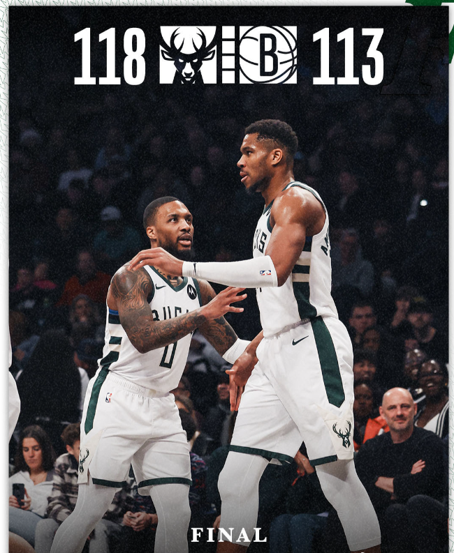 NBA赛程：雄鹿118:113篮网