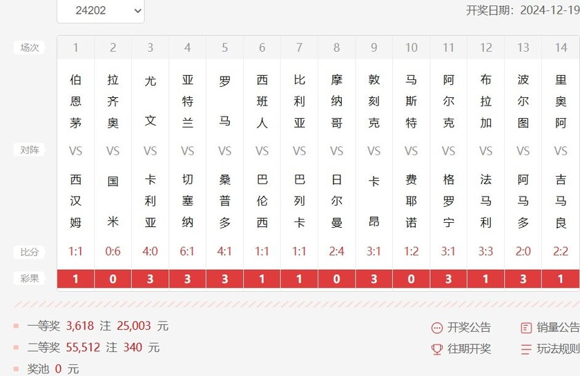 胜负彩第24202期开奖结果