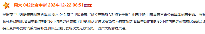 荷甲官方：赫拉克勤斯 Vs 格罗宁根比赛中断