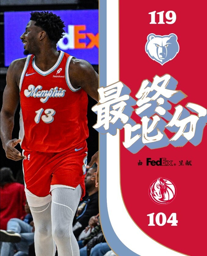 NBA赛程：灰熊119:104独行侠