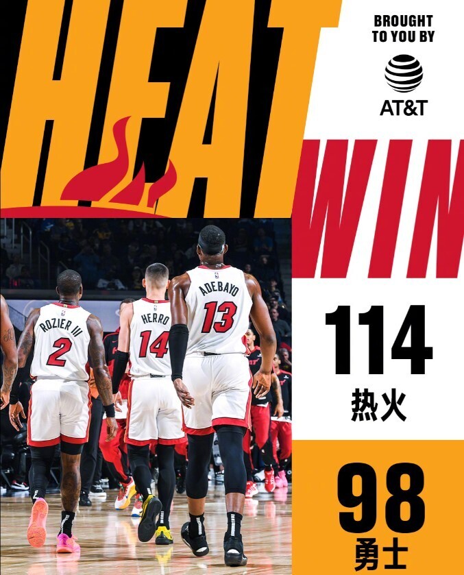 NBA赛程：勇士98:114热火