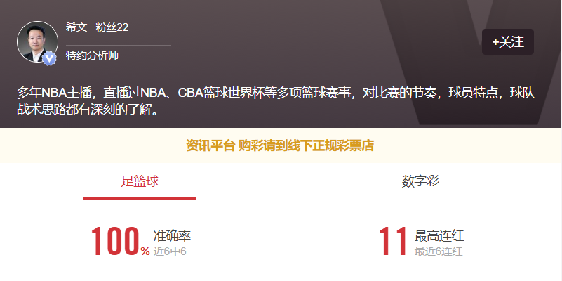 专家希文状态不错！更多篮球信心场次推荐点点关注不迷路！