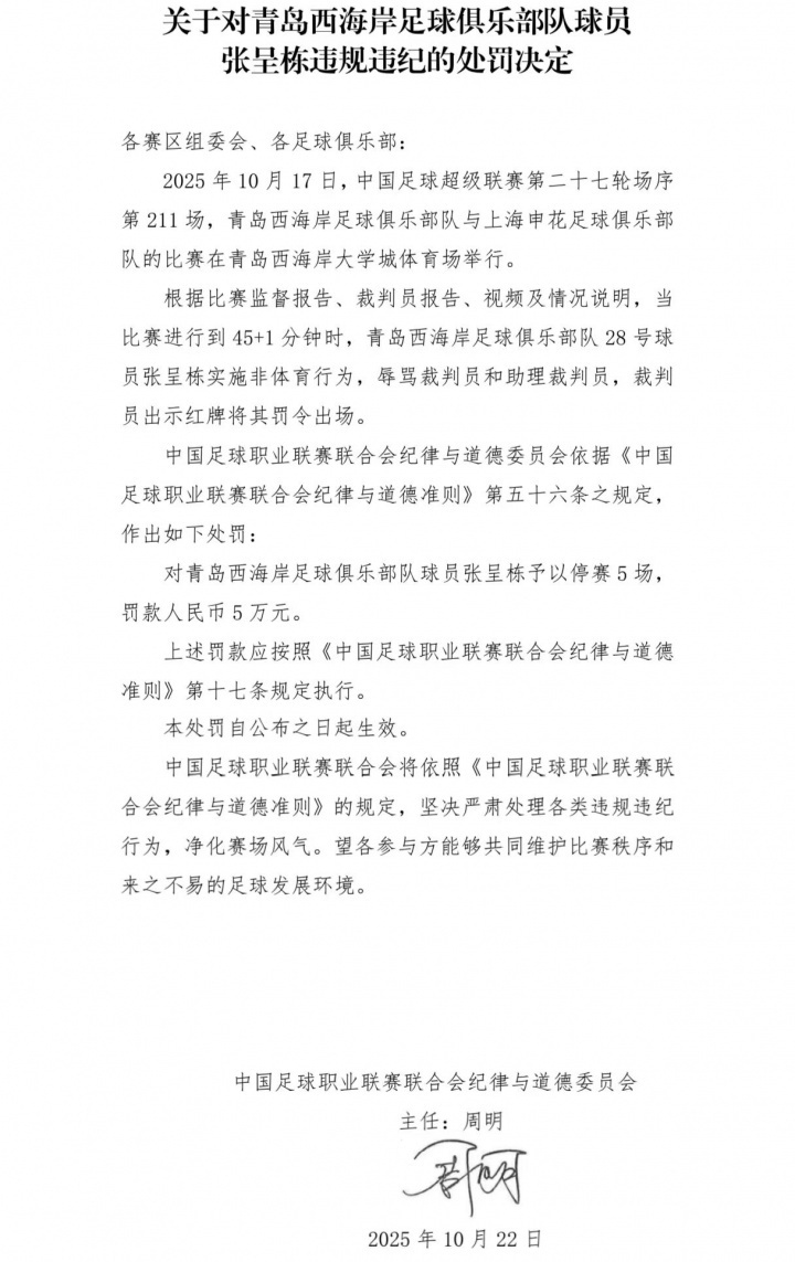 张呈栋被重罚