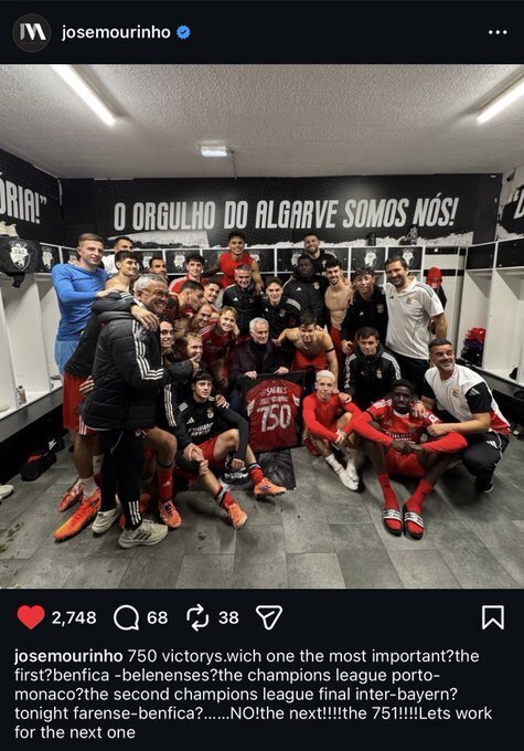 穆里尼奥拿下生涯750胜