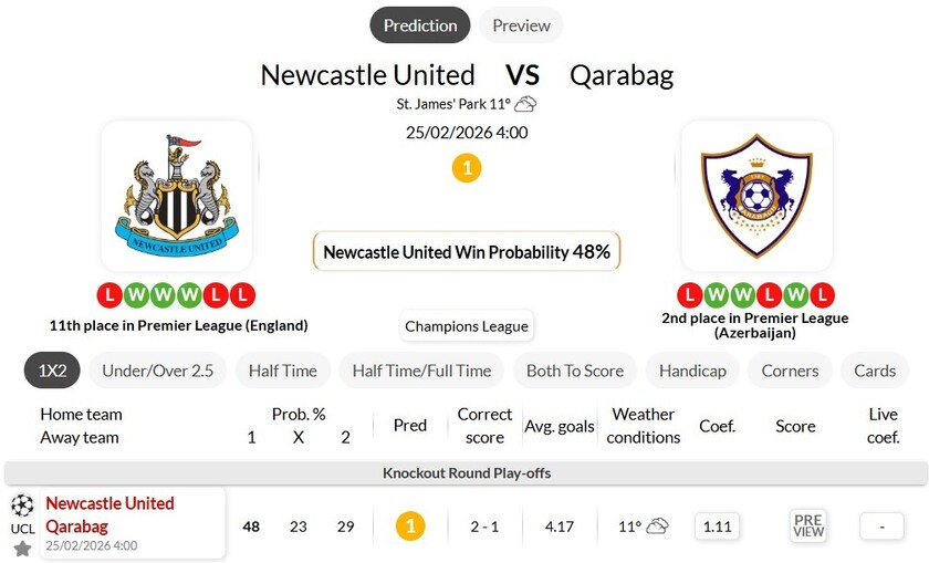 纽卡斯尔联VS卡拉巴克
