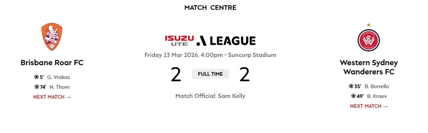 西悉尼流浪者2-2布里斯班狮吼