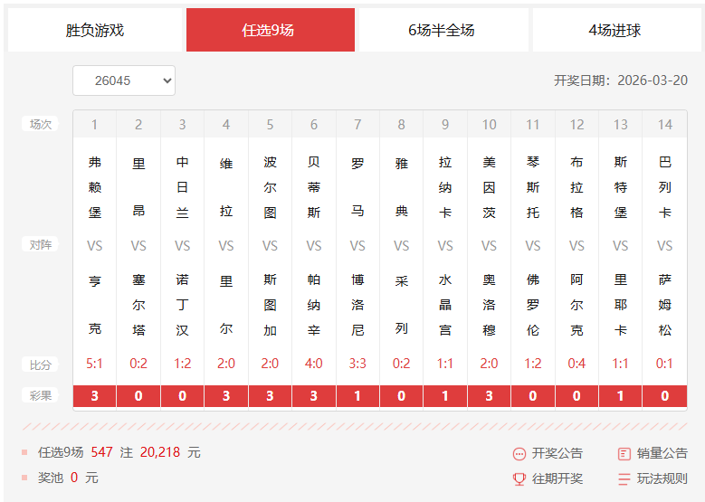 26045期足彩任九开奖