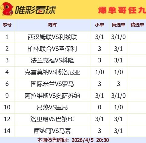 爆单哥26054期小单和复选单