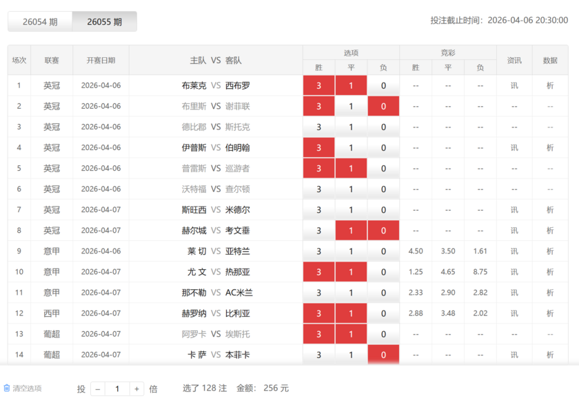 胜负彩26055期任九
