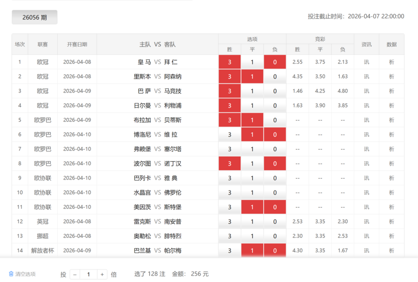 致命14场胜负彩26056期任九