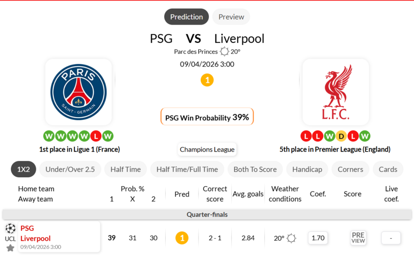巴黎圣日耳曼 VS 利物浦