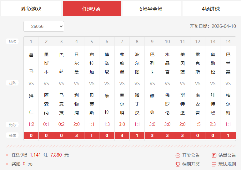 26056期足彩任九开奖