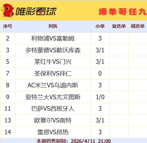 爆单哥26058期小单和复选单