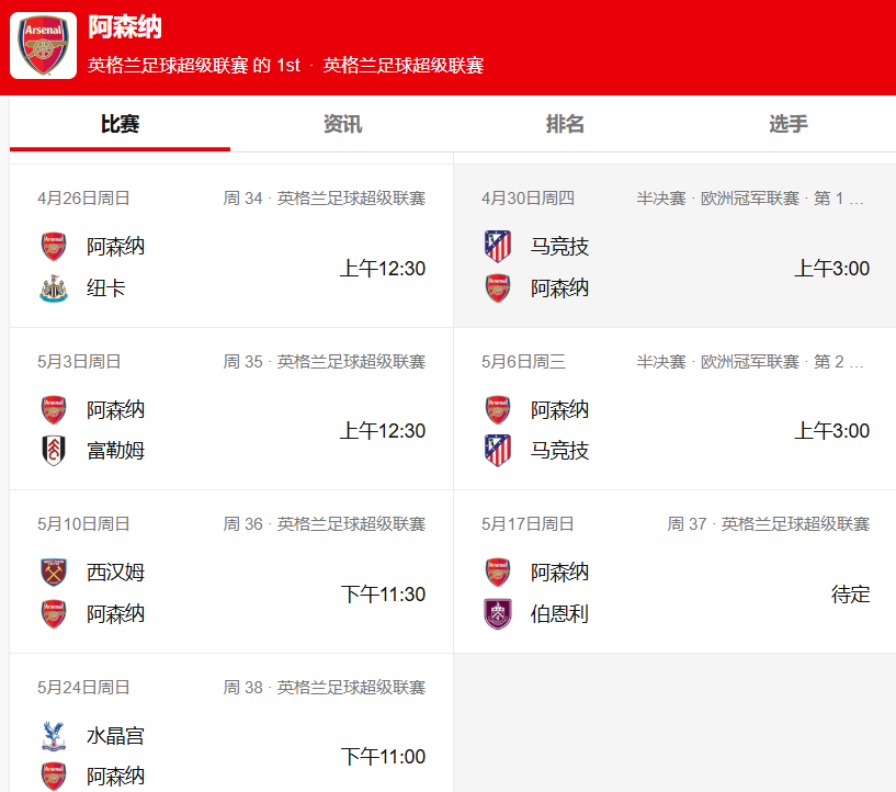 阿森纳赛程