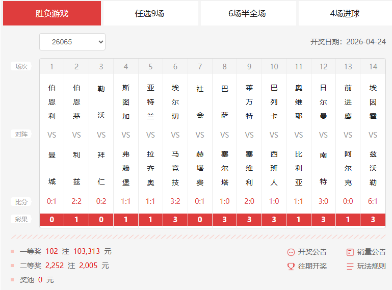 26065期足彩14场开奖