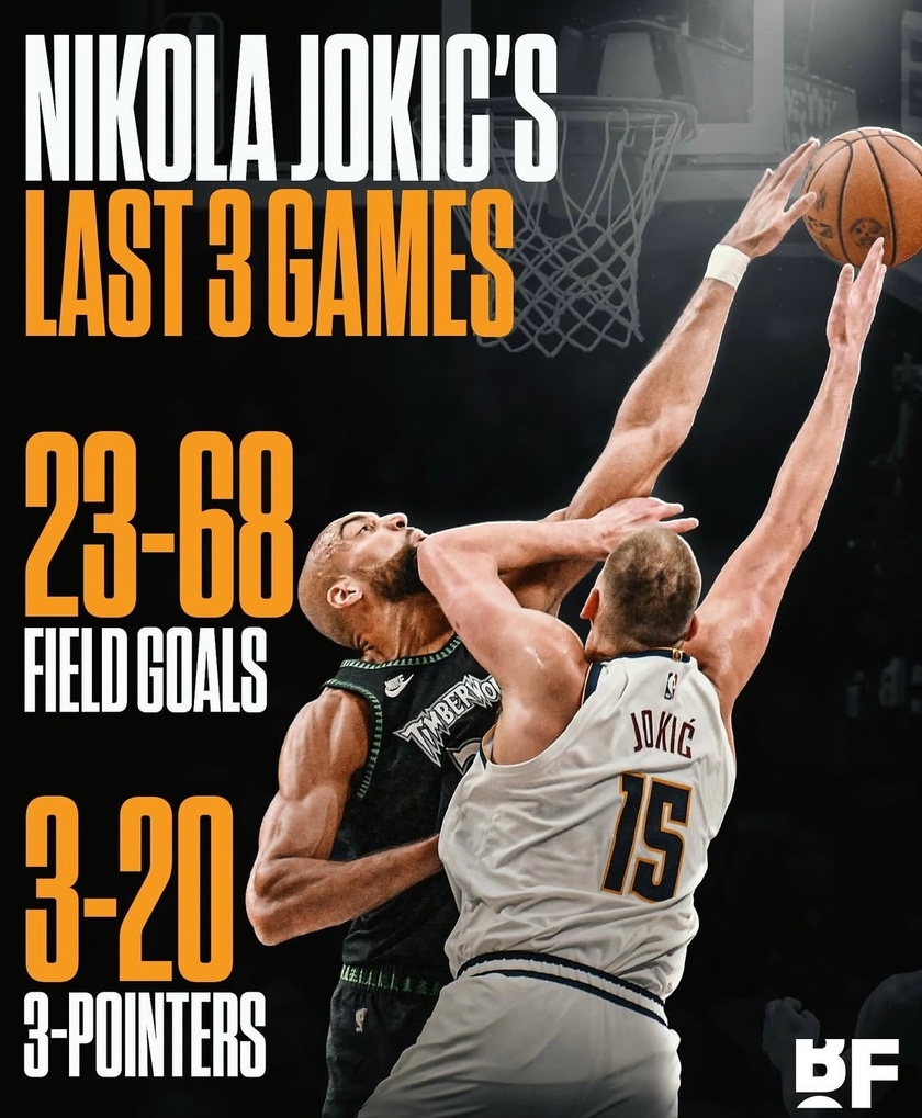 约基奇过去4场比赛效率低下