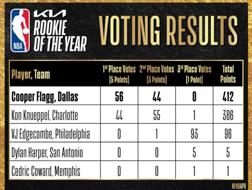 NBA最佳新秀选票结果