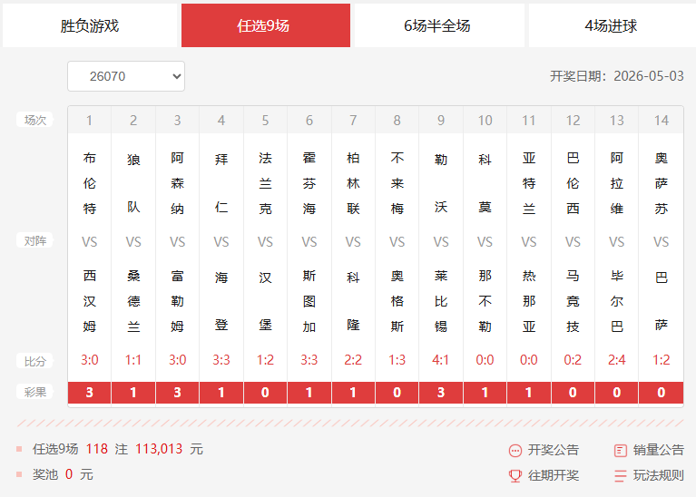 26070期足彩任九开奖