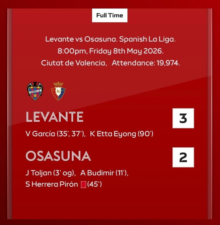 莱万特3-2奥萨苏纳