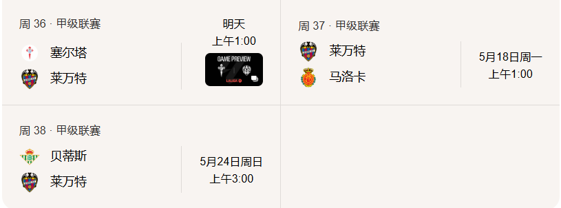莱万特剩余三轮赛程
