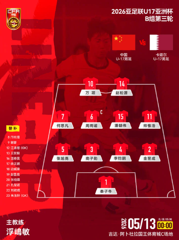 U17亚洲杯生死战U17中国VS卡塔尔U17首发阵容