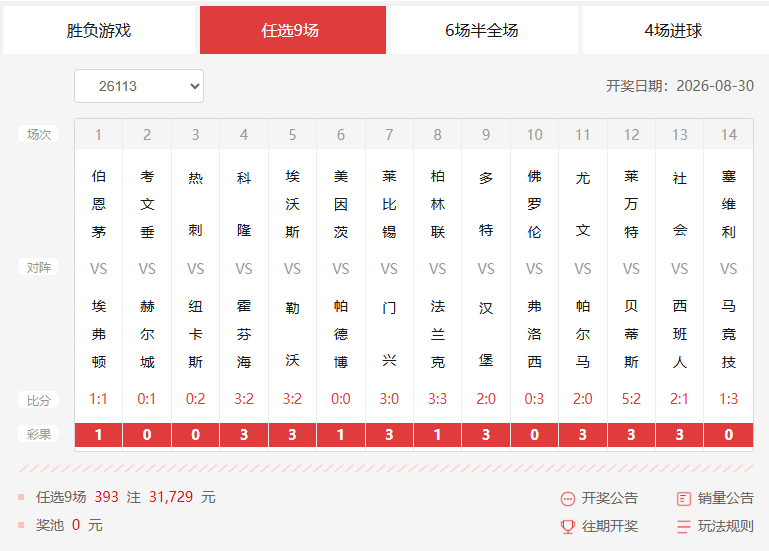 26113期足彩任九开奖