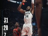 NBA-雄鹿122-116力克猛龙，字母哥14中11爆砍31分20篮板7助攻